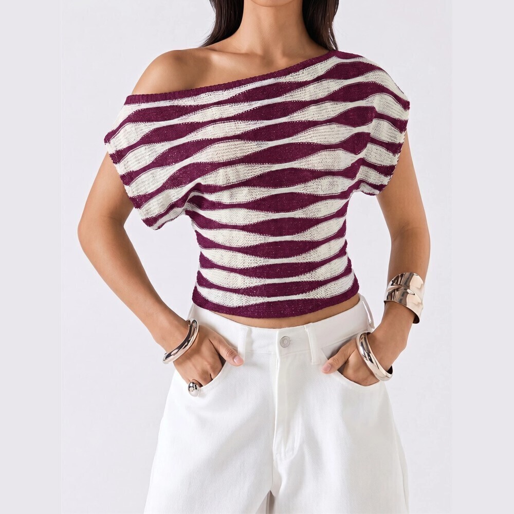 Plum Purple / Cream Wavy Striped Asymmetrical Neck Knit Crop Top